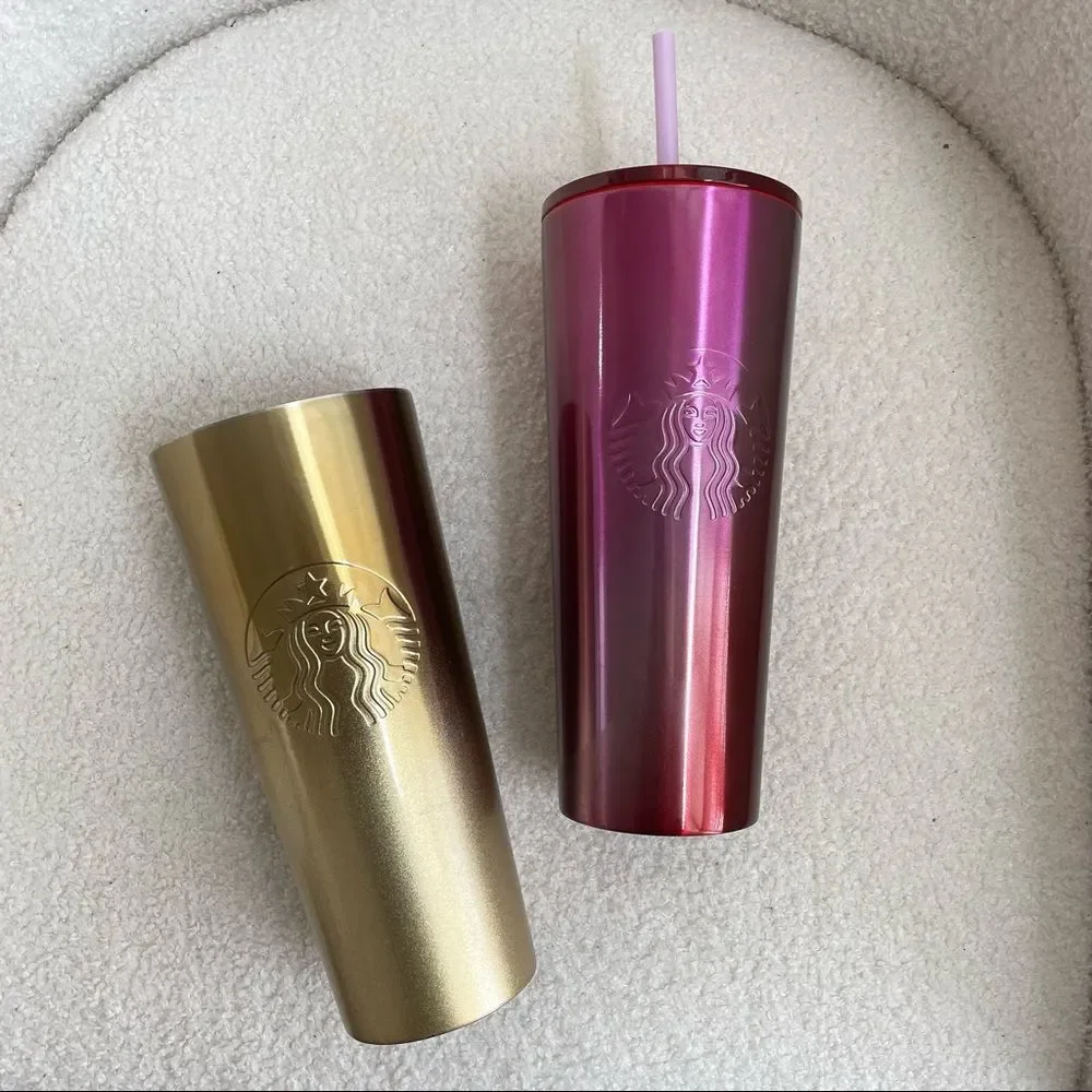 2 Starbucks Gradient Ombre Cold Cups Tumblers 24oz Gold Red 1 New 1 Preowned